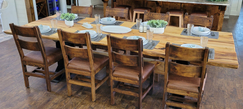 Large Elm Dining Table with geometric legs with elm beam crossing from one to the other.