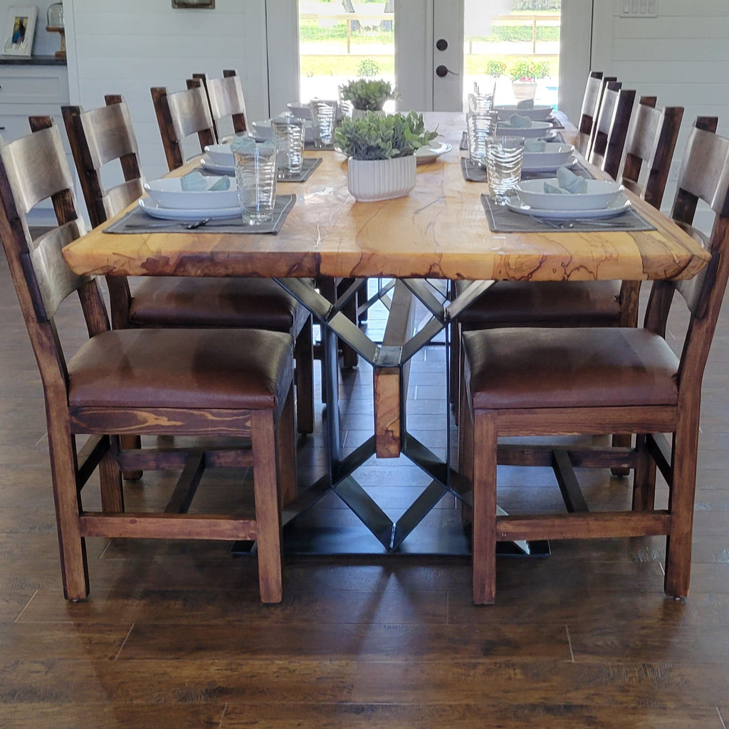 Large Elm Dining Table with geometric legs with elm beam crossing from one to the other.