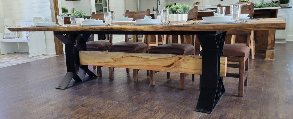 Large Elm Dining Table with geometric legs with elm beam crossing from one to the other.