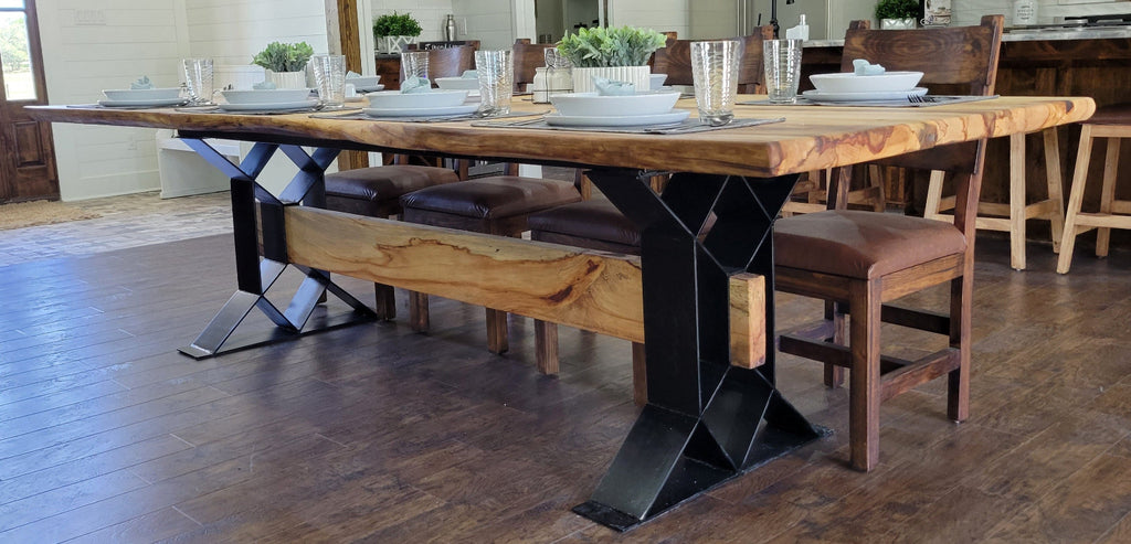 Large Elm Dining Table with geometric legs with elm beam crossing from one to the other.