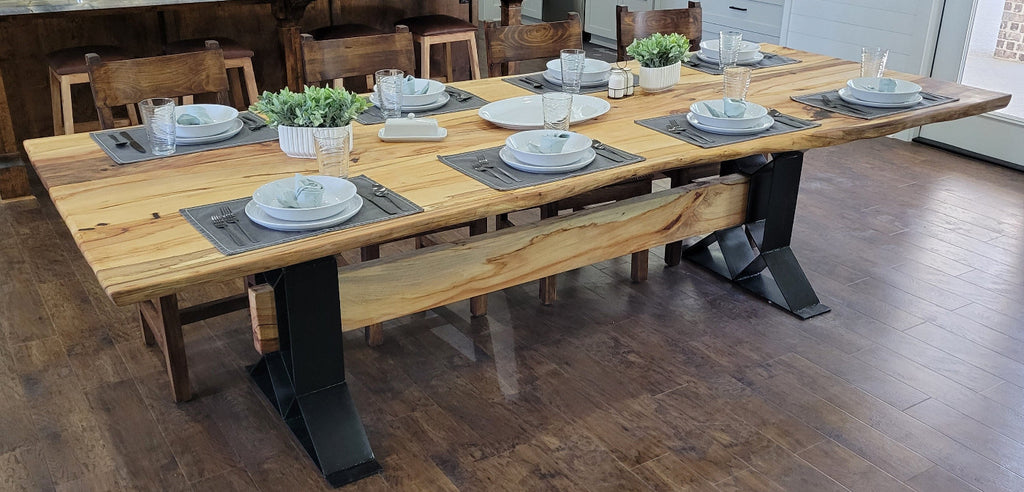 Large Elm Dining Table with geometric legs with elm beam crossing from one to the other.