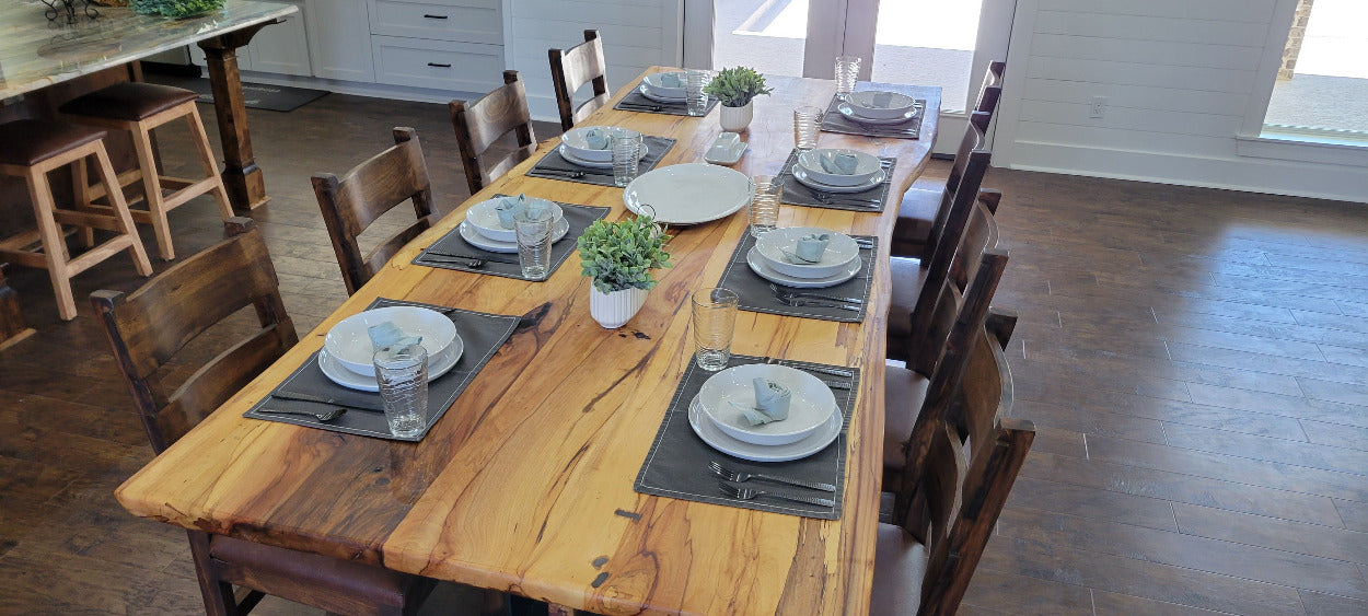 Large Elm Dining Table with geometric legs with elm beam crossing from one to the other.