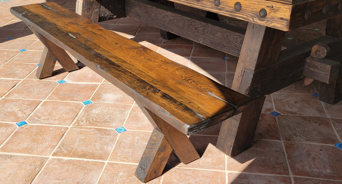Reclaimed beam rustic bench with aged finish built to match custom farmhouse table