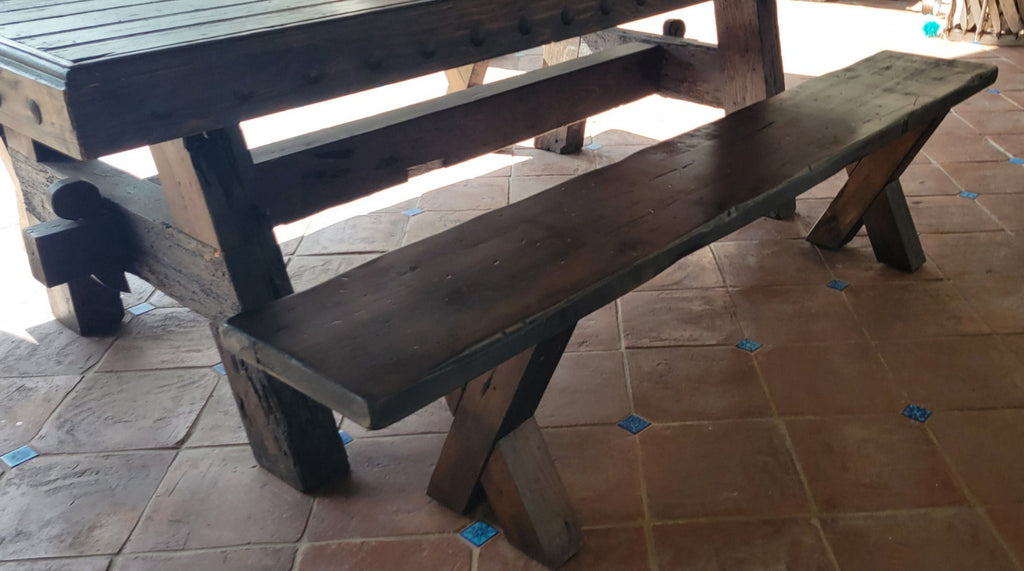 Reclaimed beam rustic bench with aged finish built to match custom farmhouse table
