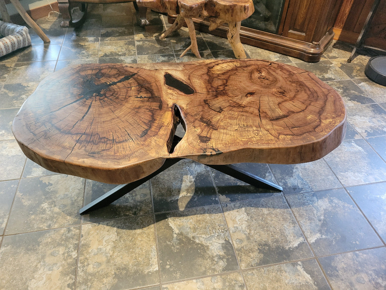 Wooden double tree coffee table with a natural, rustic design and black metal cross style legs in a living room setting.
