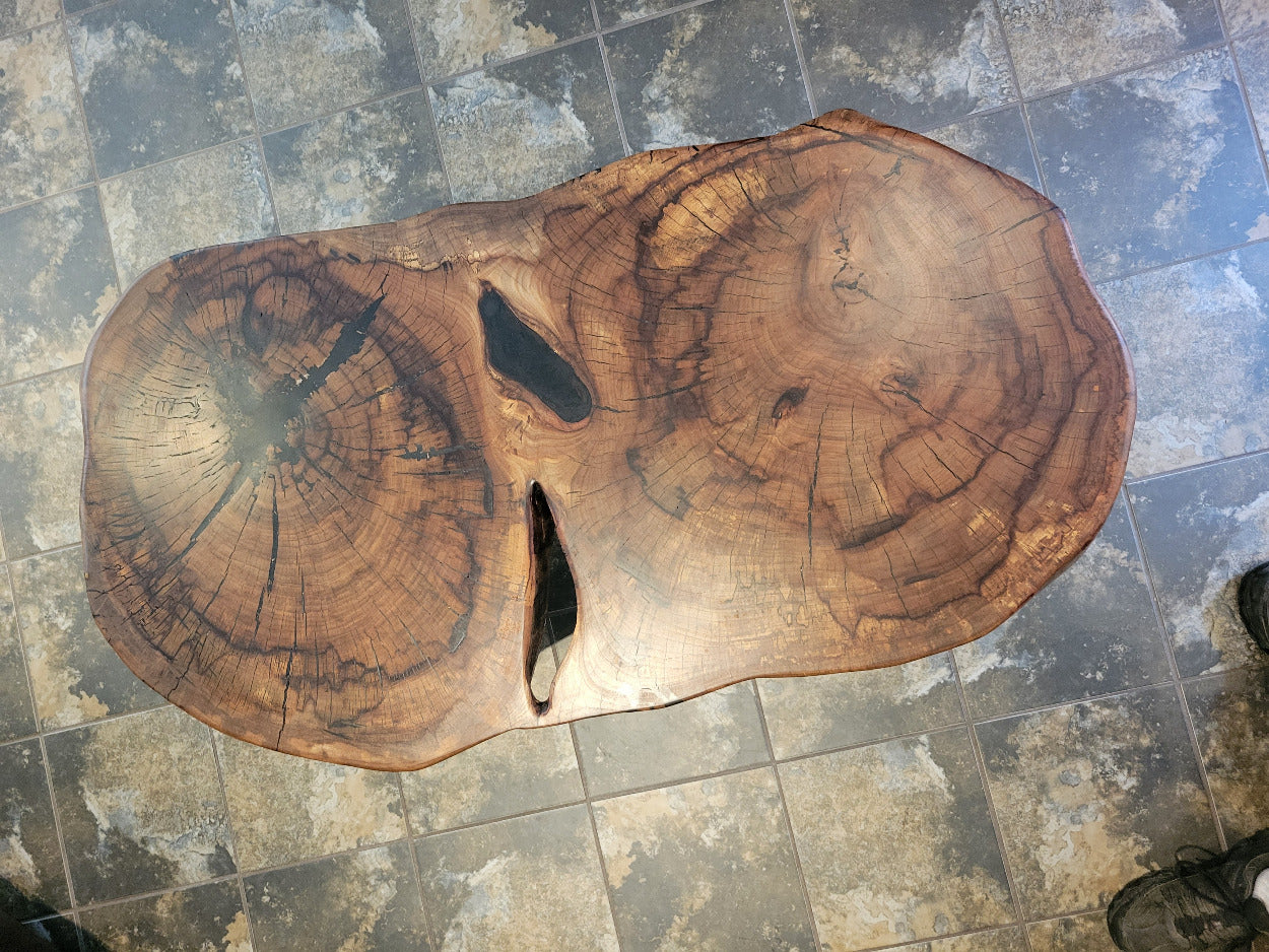 Wooden double tree coffee table with a natural, rustic design and black metal cross style legs in a living room setting.