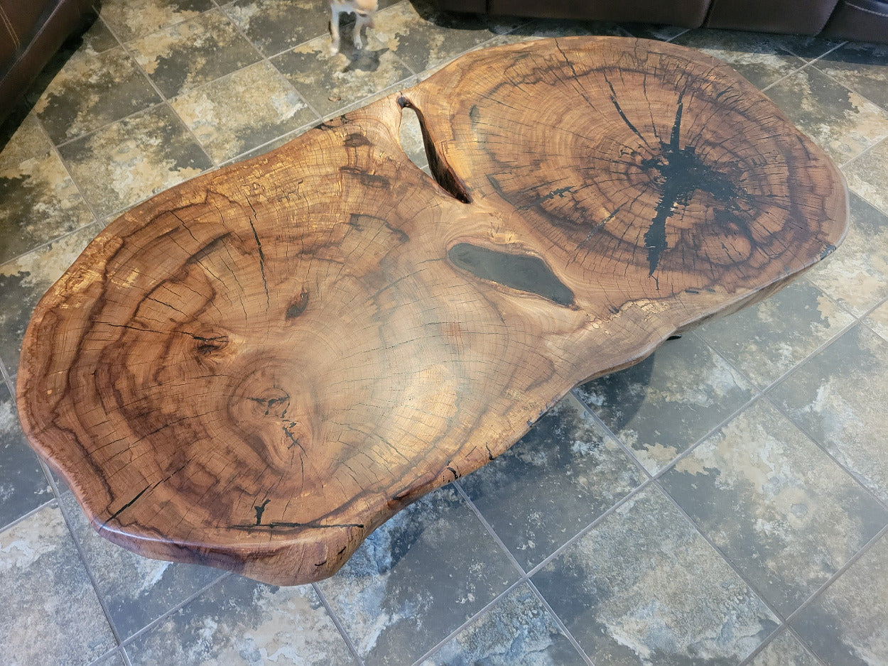 Wooden double tree coffee table with a natural, rustic design and black metal cross style legs in a living room setting.