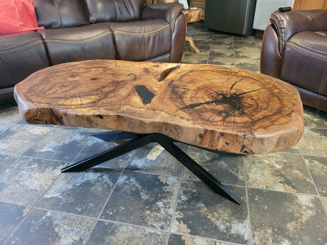 Wooden double tree coffee table with a natural, rustic design and black metal cross style legs in a living room setting.