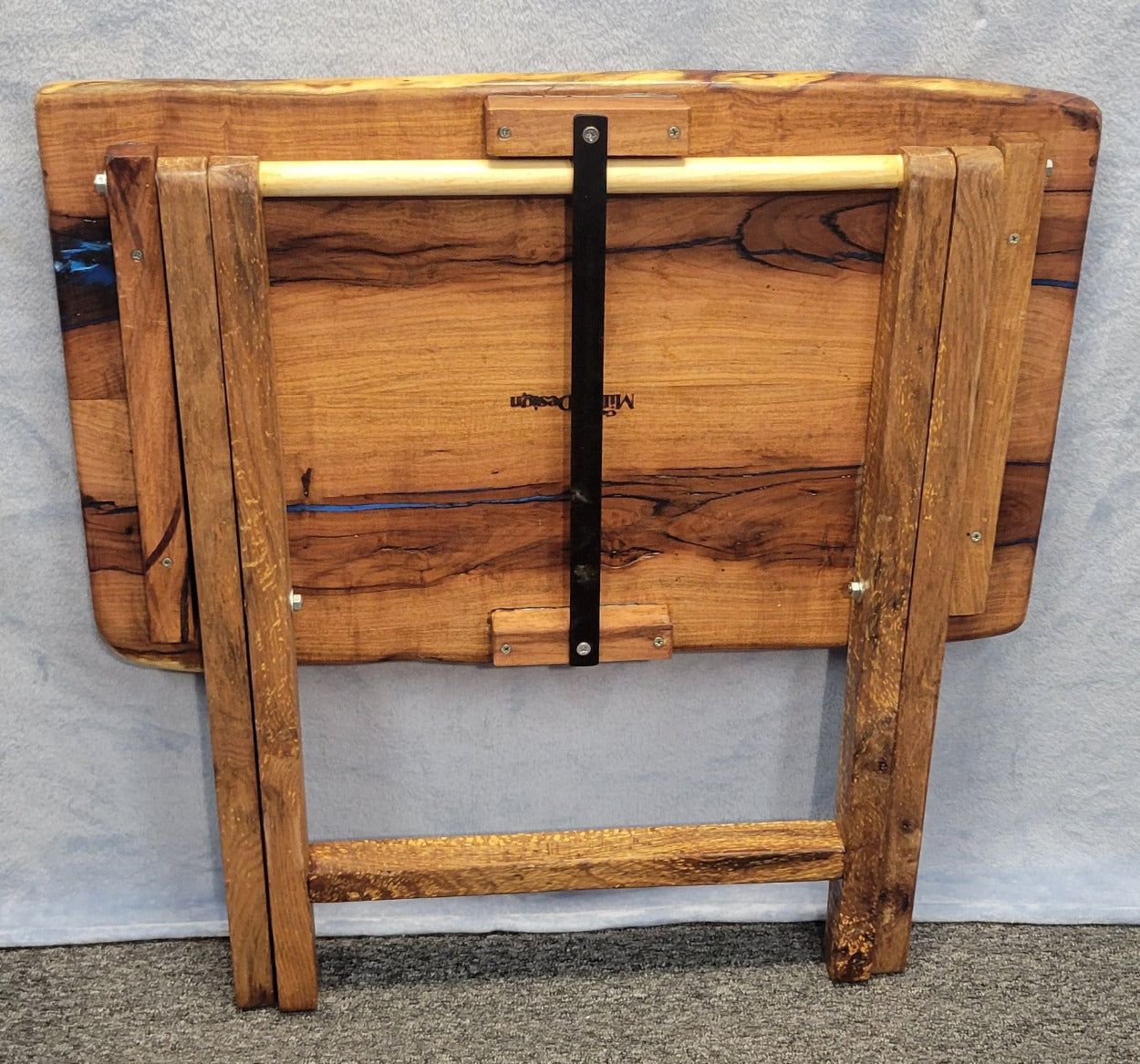 Mesquite live edge folding TV tray or table with blue epoxy fill and wooden folding legs