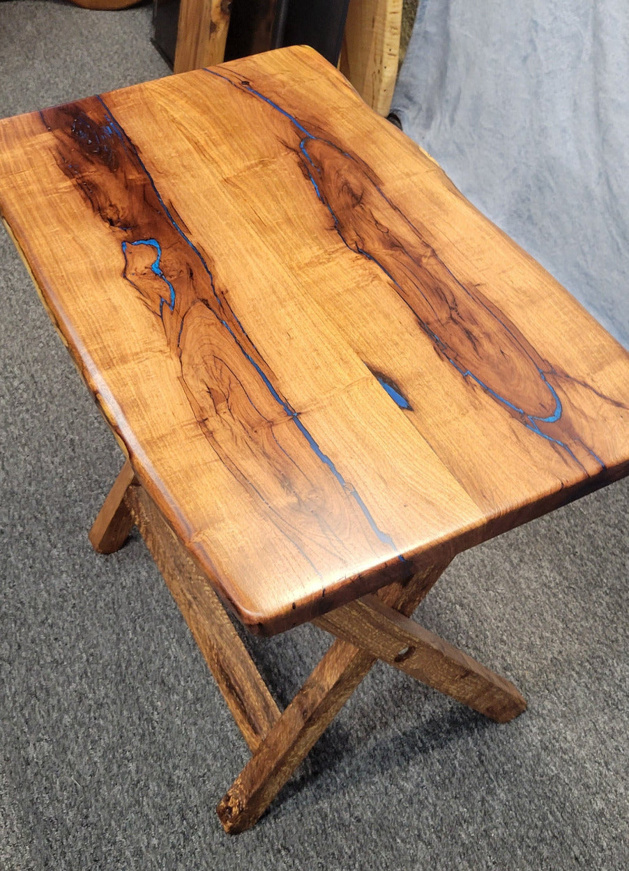 Mesquite live edge folding TV tray or table with blue epoxy fill and wooden folding legs