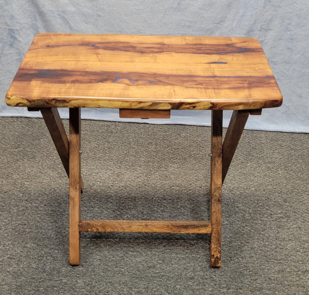 Mesquite live edge folding TV tray or table with blue epoxy fill and wooden folding legs