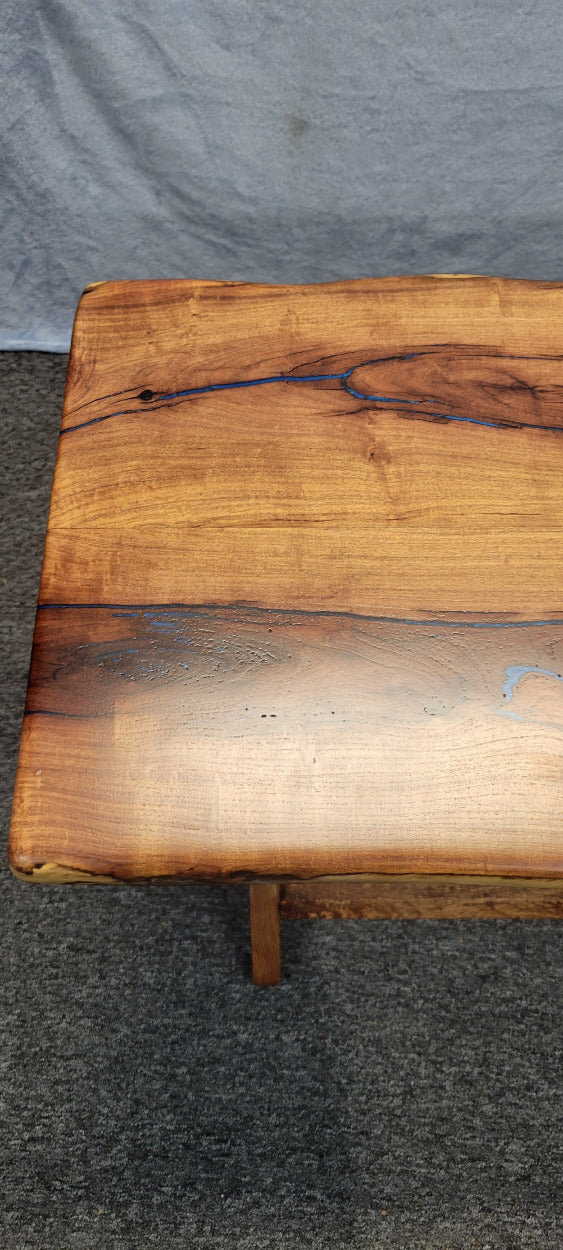 Mesquite live edge folding TV tray or table with blue epoxy fill and wooden folding legs