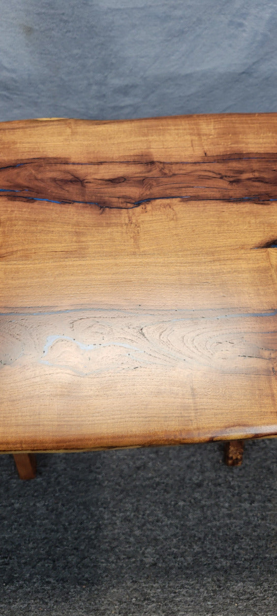 Mesquite live edge folding TV tray or table with blue epoxy fill and wooden folding legs