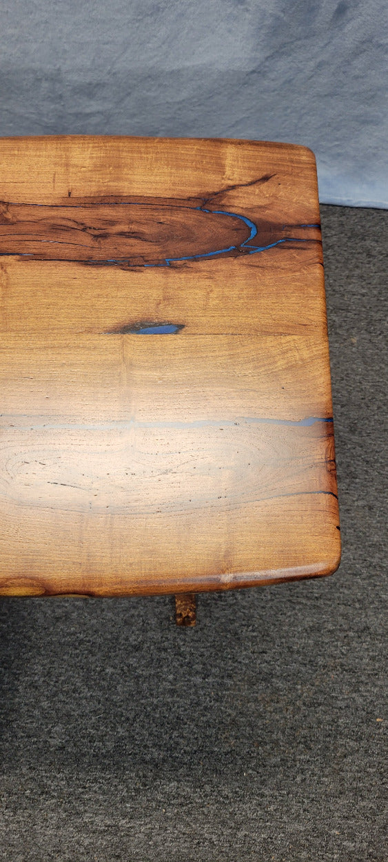 Mesquite live edge folding TV tray or table with blue epoxy fill and wooden folding legs