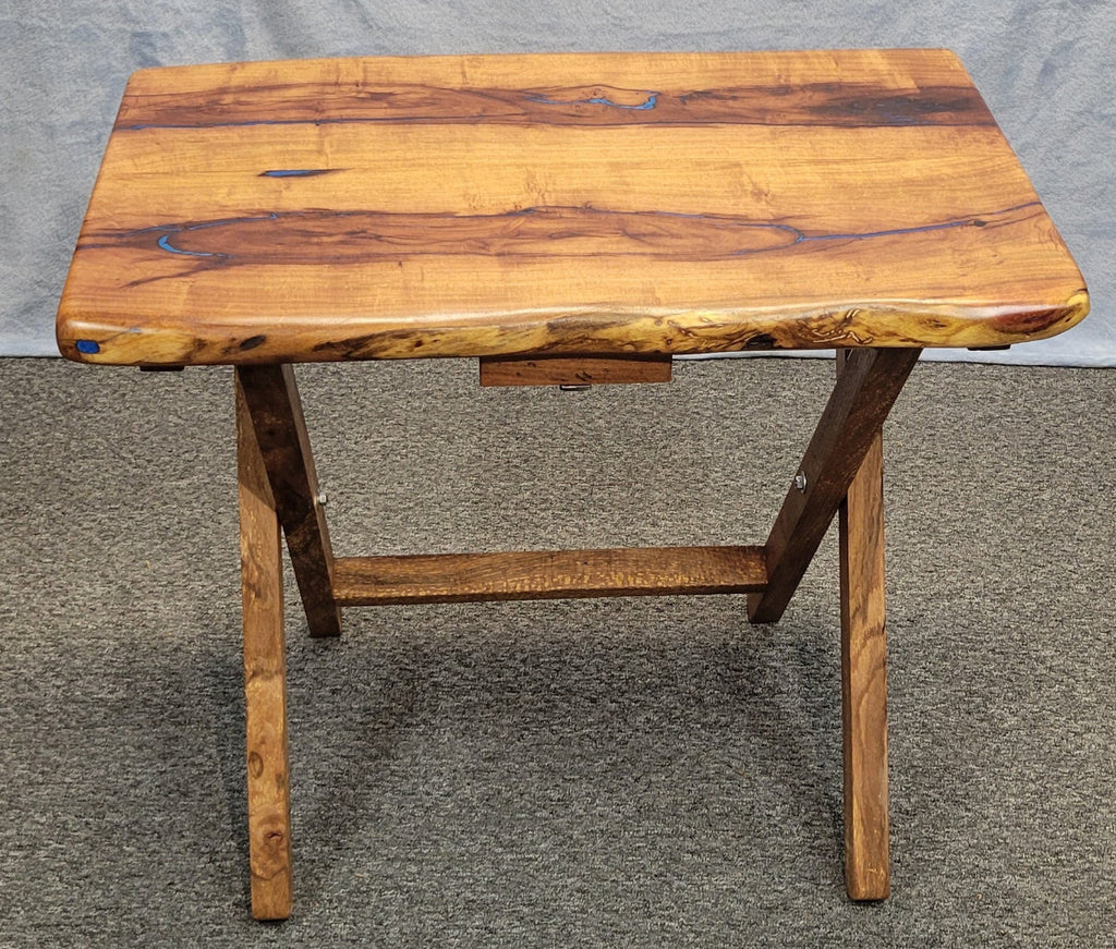 Mesquite live edge folding TV tray or table with blue epoxy fill and wooden folding legs