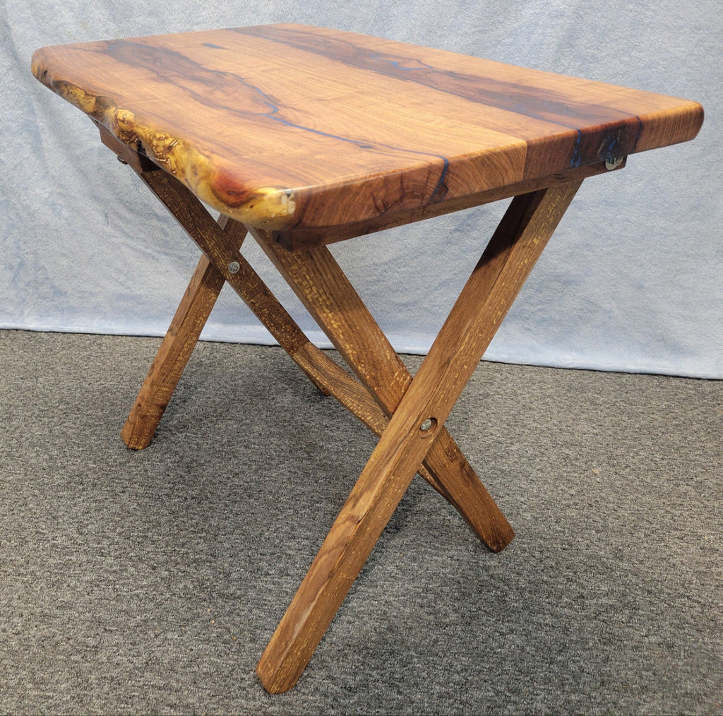 Mesquite live edge folding TV tray with blue epoxy fill and wooden folding legs