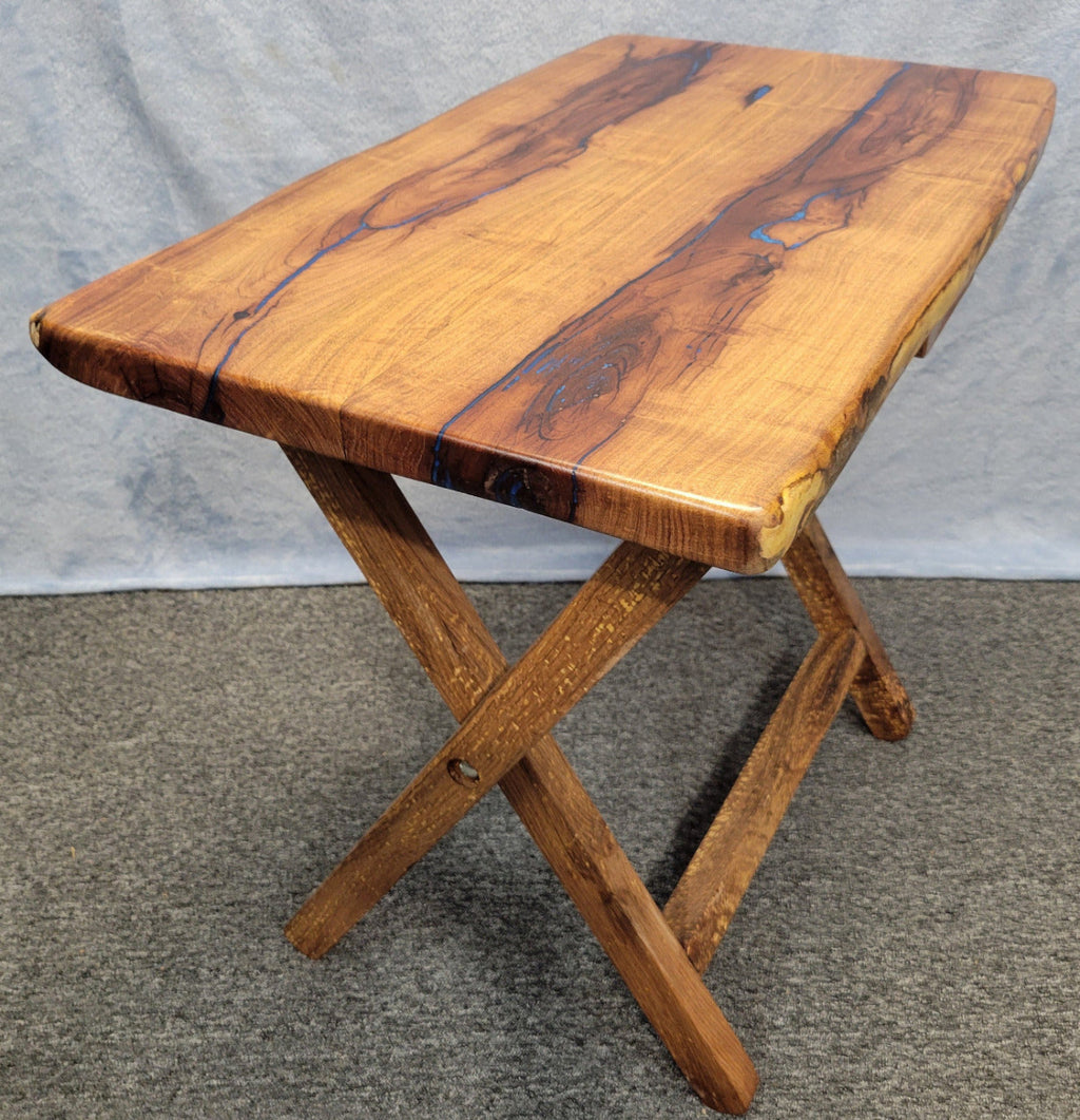 Mesquite live edge folding TV tray with blue epoxy fill and wooden folding legs