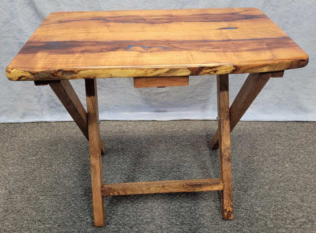 Mesquite live edge folding TV tray with blue epoxy fill and wooden folding legs
