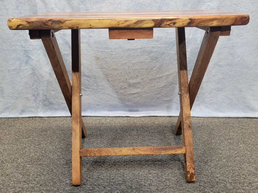Mesquite live edge folding TV tray with blue epoxy fill and wooden folding legs