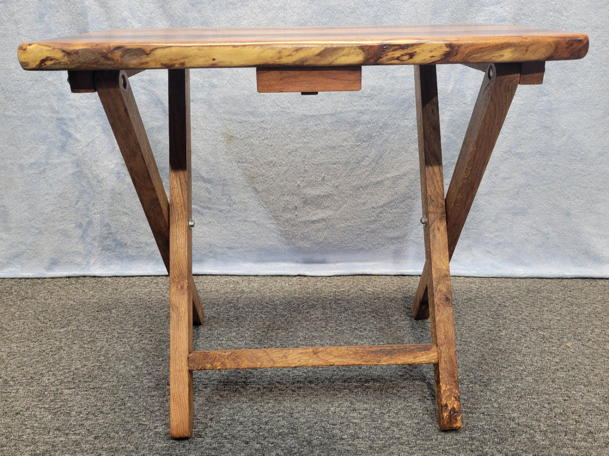 Mesquite live edge folding TV tray with blue epoxy fill and wooden folding legs