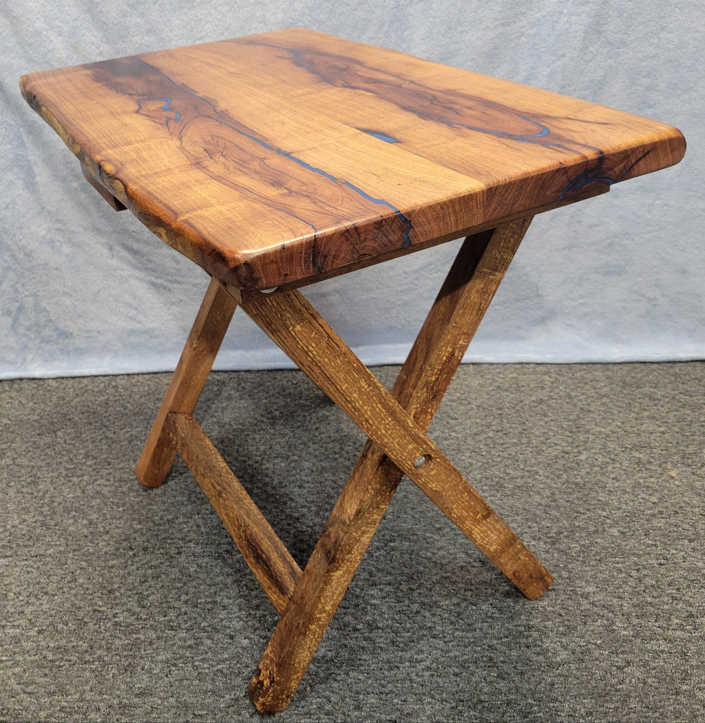 Mesquite live edge folding TV tray with blue epoxy fill and wooden folding legs