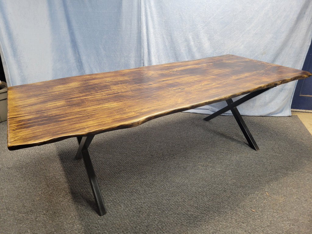 Ash dining table with Sho sugi ban burned top with black x-style metal legs