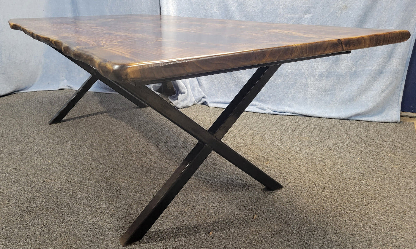 Ash dining table with Sho sugi ban burned top with black x-style metal legs