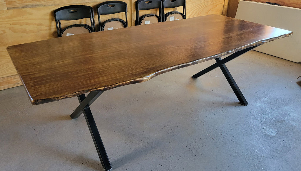 Ash dining table with Sho sugi ban burned top with black x-style metal legs