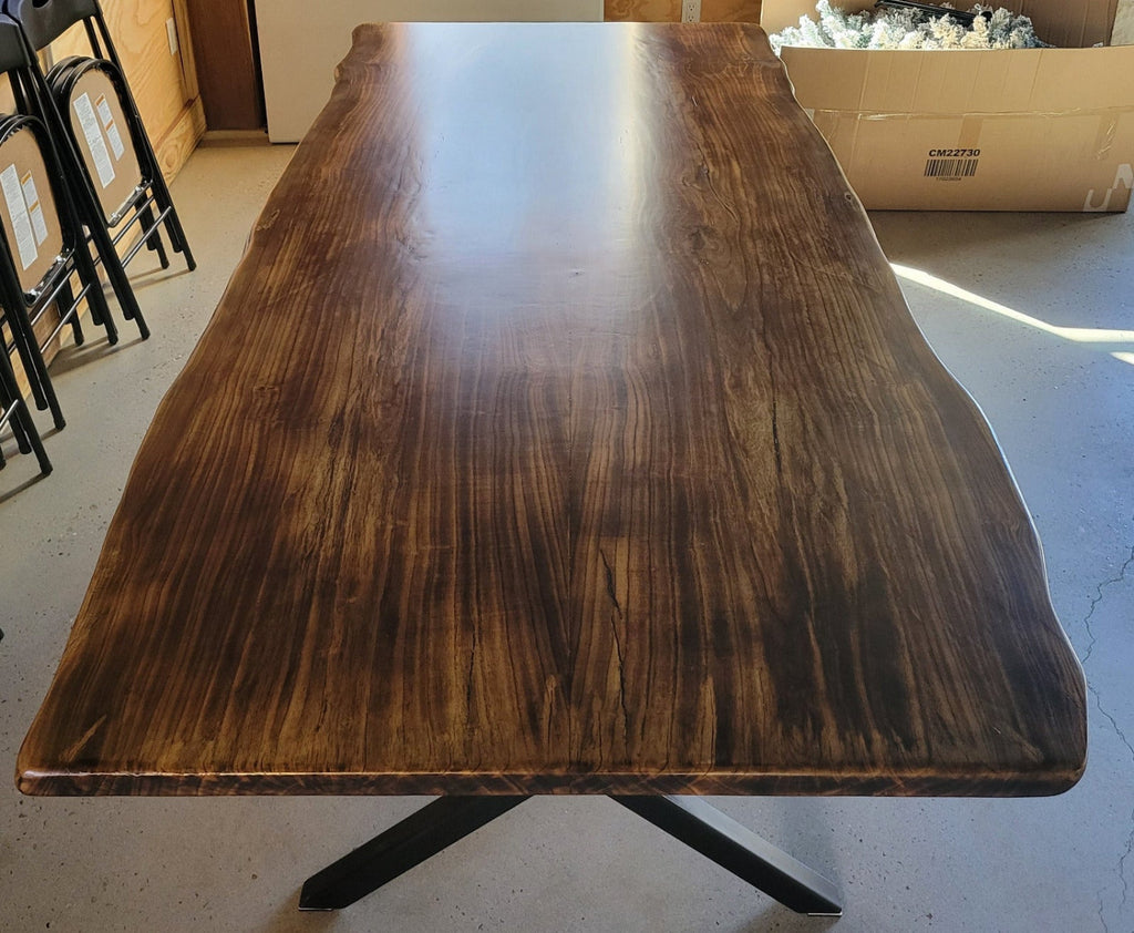 Ash dining table with Sho sugi ban burned top with black x-style metal legs