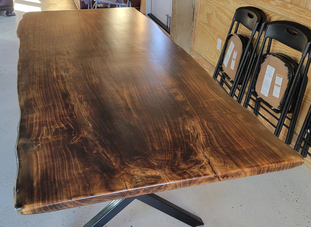 Ash dining table with Sho sugi ban burned top with black x-style metal legs