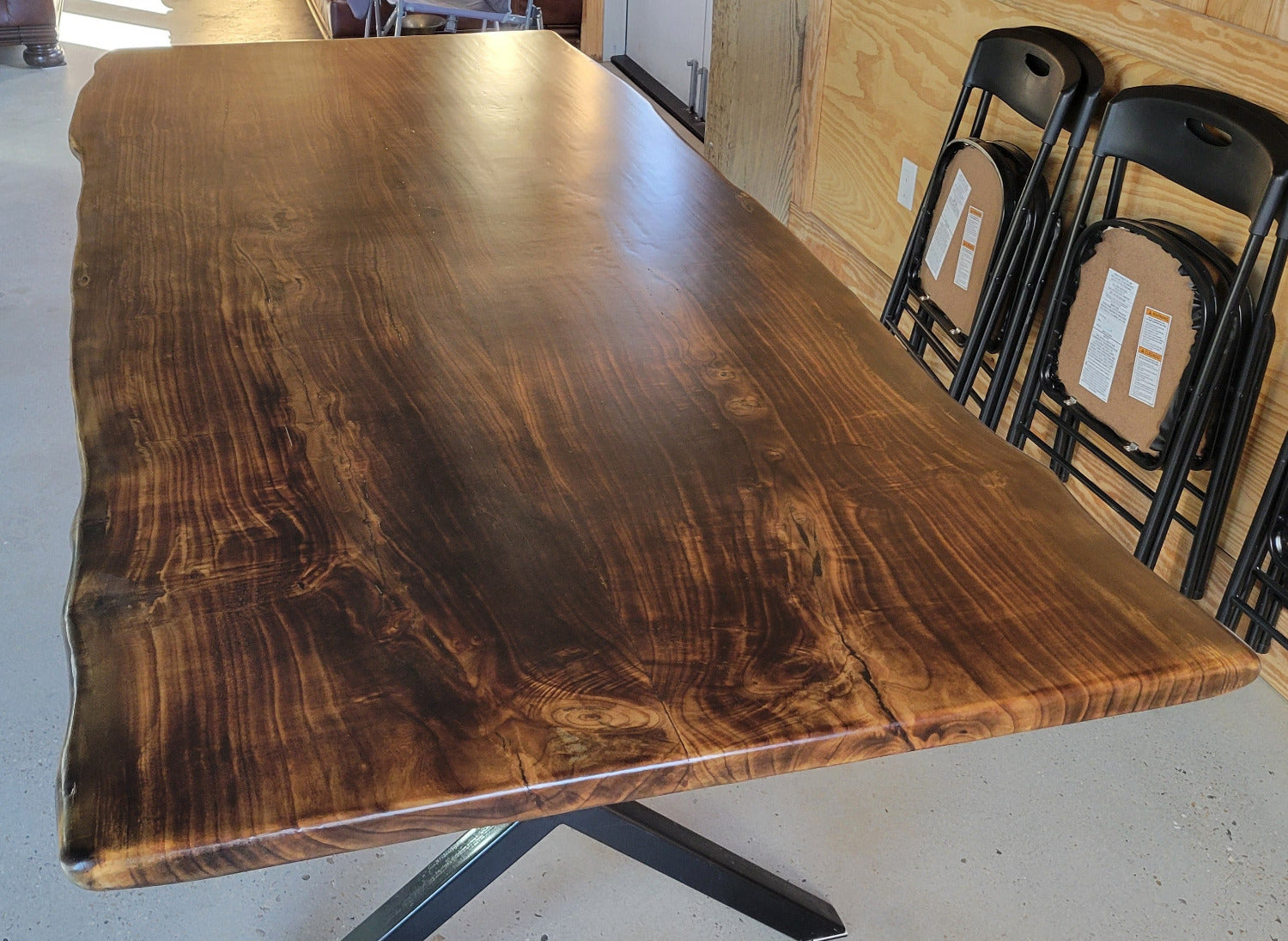 Ash dining table with Sho sugi ban burned top with black x-style metal legs