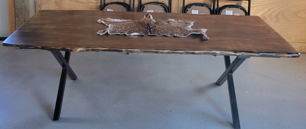 Ash dining table with Sho sugi ban burned top with black x-style metal legs