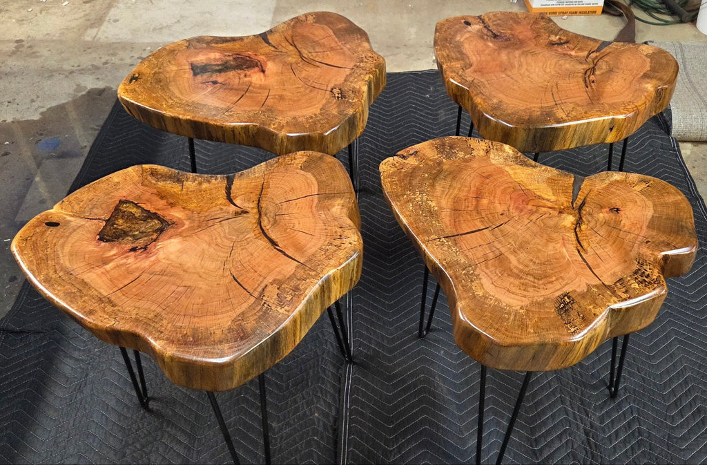Heart Shaped White Oak end tables with Clear Epoxy fill on black hair pin legs