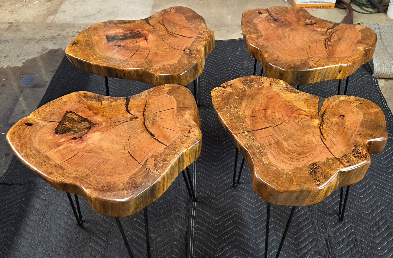 Heart Shaped White Oak end tables with Clear Epoxy fill on black hair pin legs