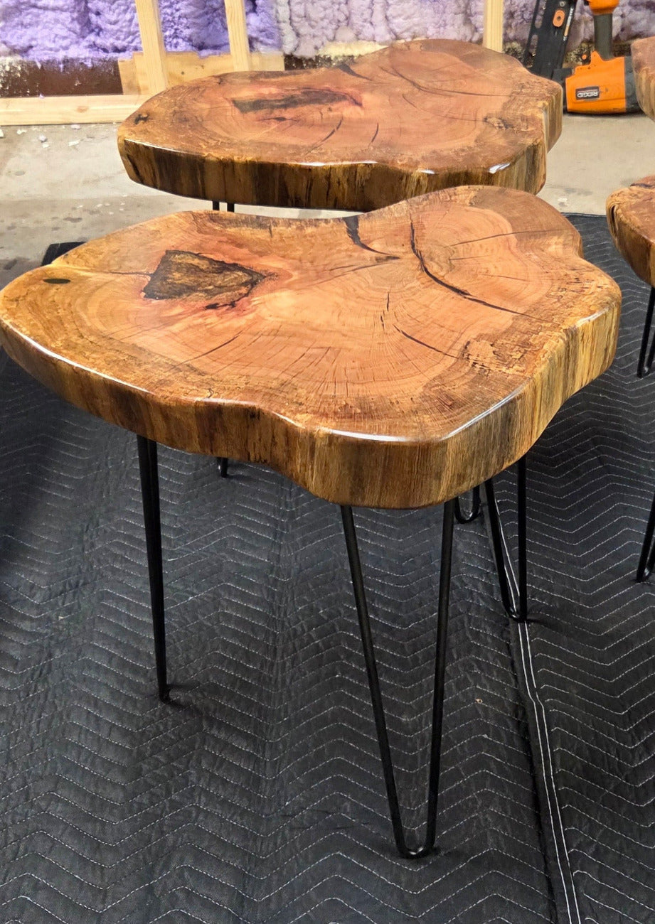 Heart Shaped White Oak end tables with Clear Epoxy fill on black hair pin legs