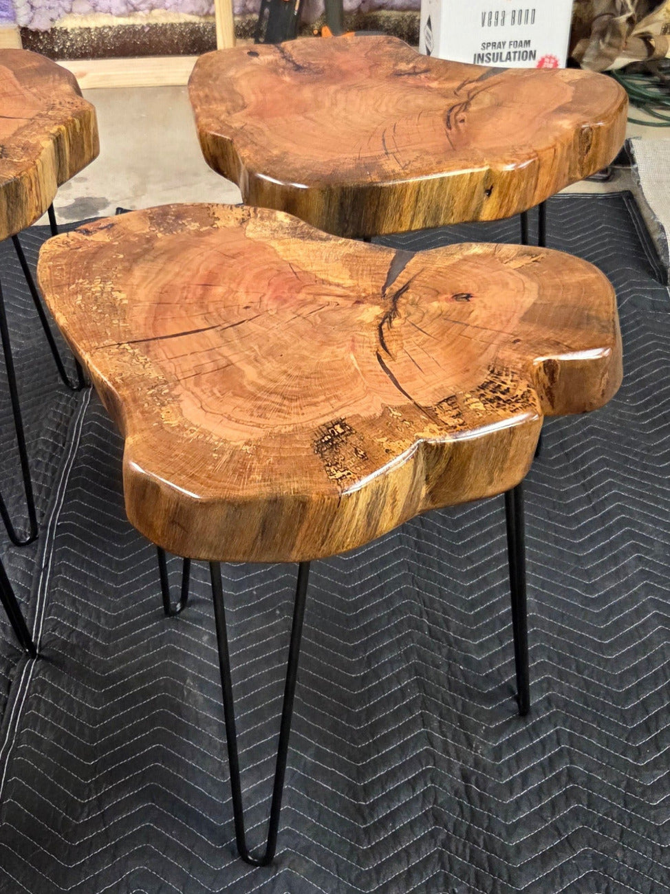 Heart Shaped White Oak end tables with Clear Epoxy fill on black hair pin legs