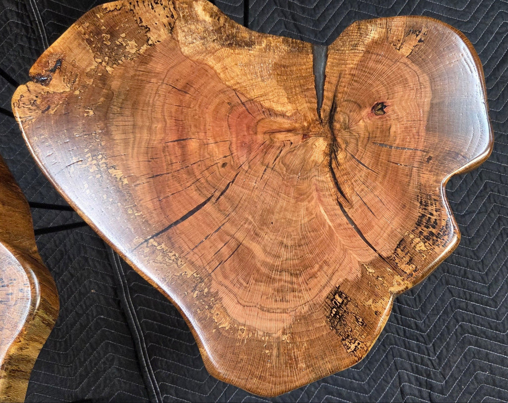 Heart Shaped White Oak end tables with Clear Epoxy fill on black hair pin legs