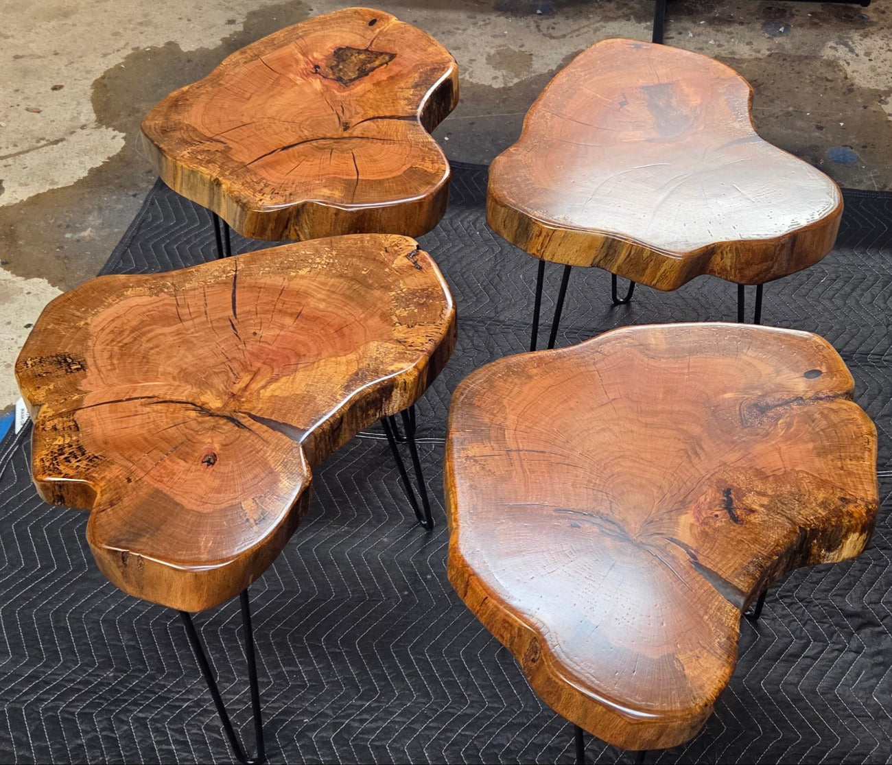 Heart Shaped White Oak end tables with Clear Epoxy fill on black hair pin legs