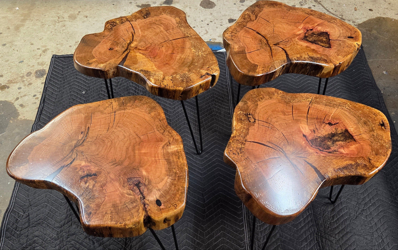Heart Shaped White Oak end tables with Clear Epoxy fill on black hair pin legs