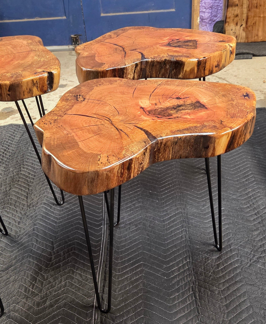 Heart Shaped White Oak end tables with Clear Epoxy fill on black hair pin legs