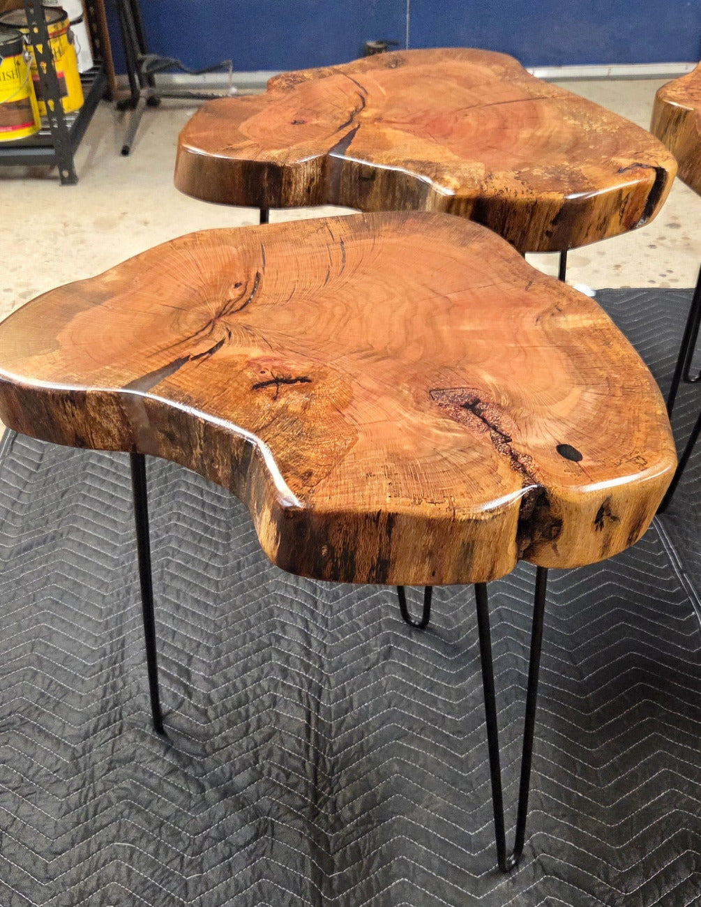 Heart Shaped White Oak end tables with Clear Epoxy fill on black hair pin legs