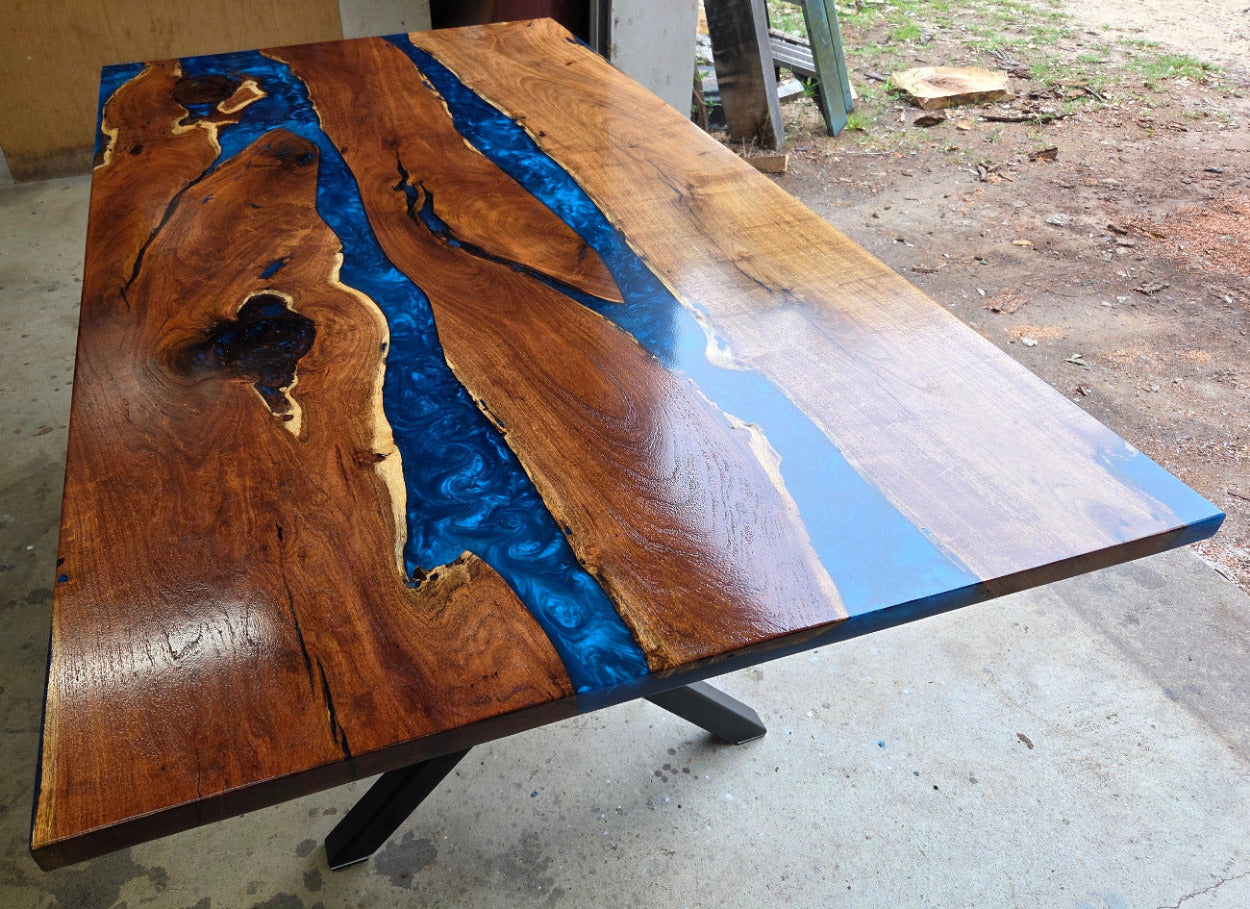 Mesquite River table with Ocean Blue Epoxy, metal X-style legs and semi-gloss finish