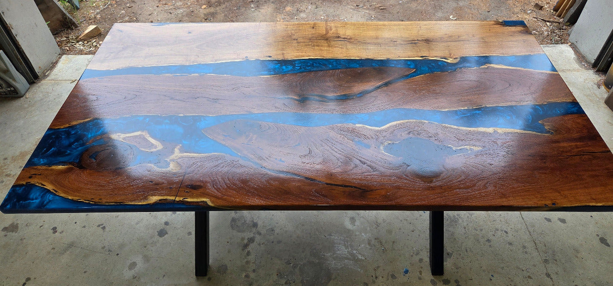 Mesquite River table with Ocean Blue Epoxy, metal X-style legs and semi-gloss finish