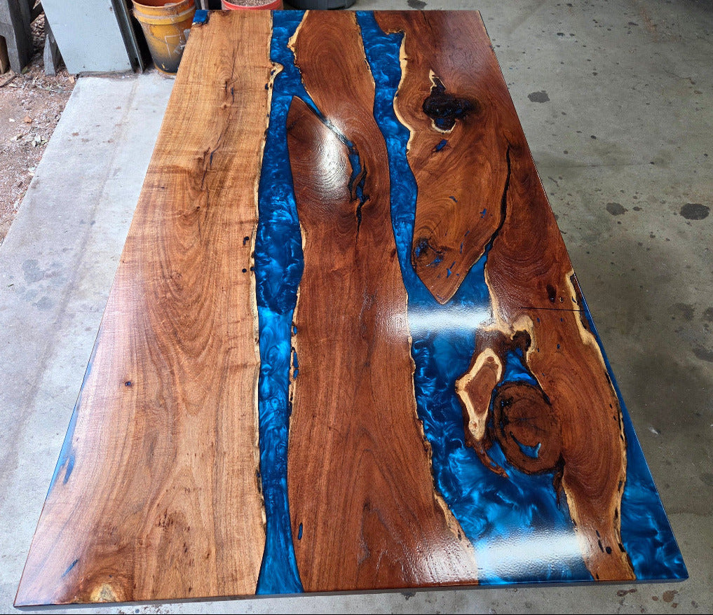 Mesquite River table with Ocean Blue Epoxy, metal X-style legs and semi-gloss finish