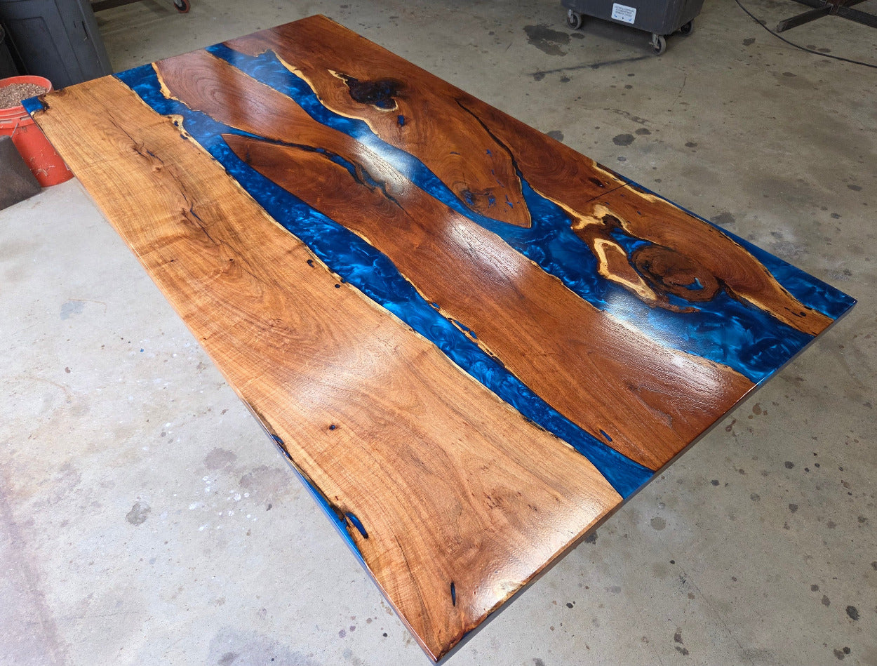 Mesquite River table with Ocean Blue Epoxy, metal X-style legs and semi-gloss finish