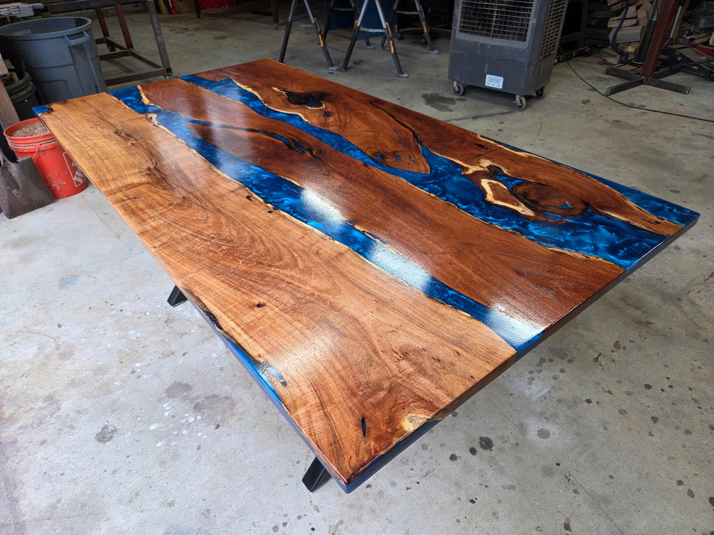 Mesquite River table with Ocean Blue Epoxy, metal X-style legs and semi-gloss finish