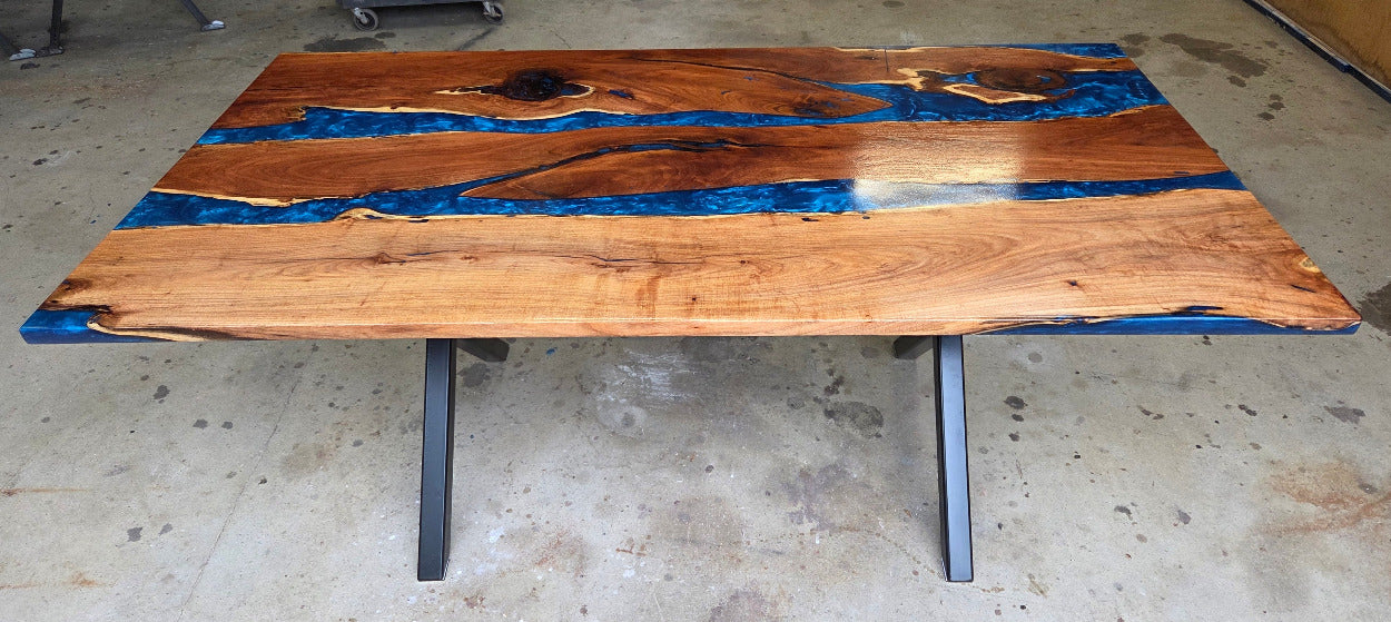 Mesquite River table with Ocean Blue Epoxy, metal X-style legs and semi-gloss finish