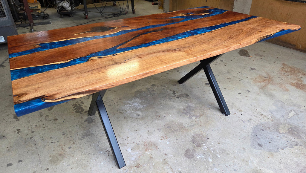 Mesquite River table with Ocean Blue Epoxy, metal X-style legs and semi-gloss finish