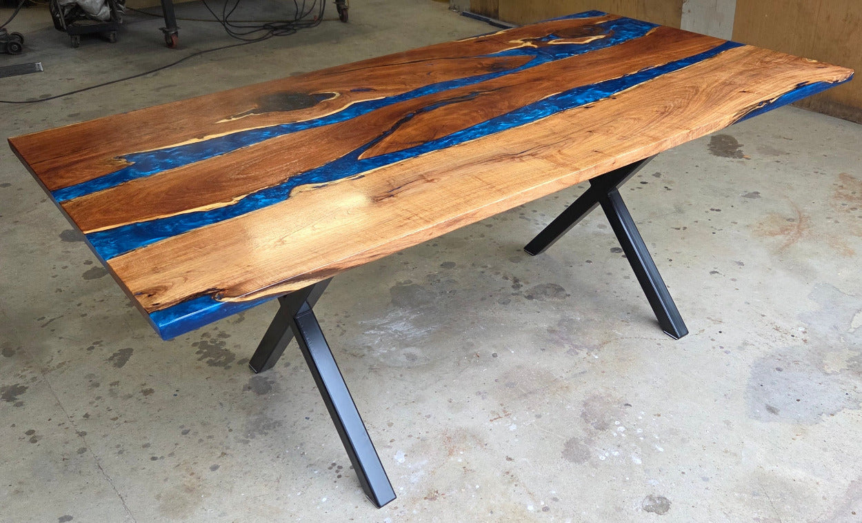 Mesquite River table with Ocean Blue Epoxy, metal X-style legs and semi-gloss finish