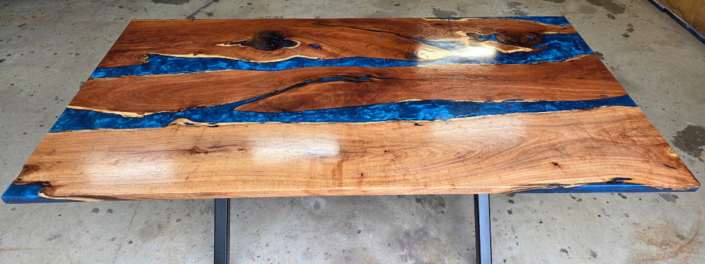 Mesquite River table with Ocean Blue Epoxy, metal X-style legs and semi-gloss finish